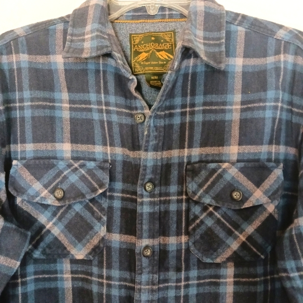 Men's Thick Flannel Cotton Blue Gray Shirt Pockets Buttons Medium
